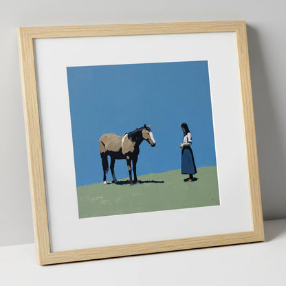 Silent Understanding horse & rider art print in natural frame