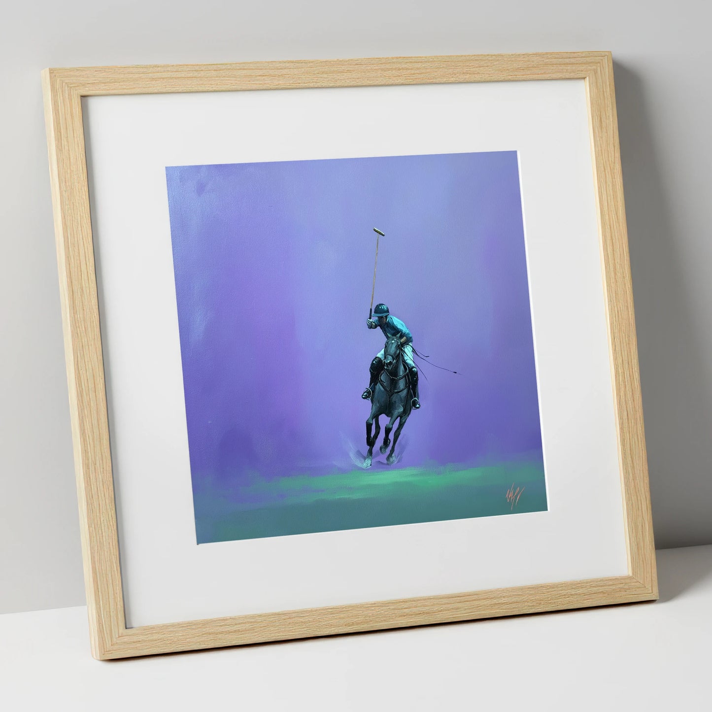 The Violet Chukka polo horse art print in natural frame