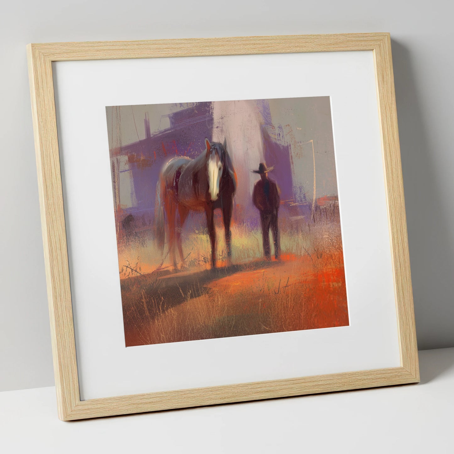 Sundown on the Trail western horse art print in natural frame