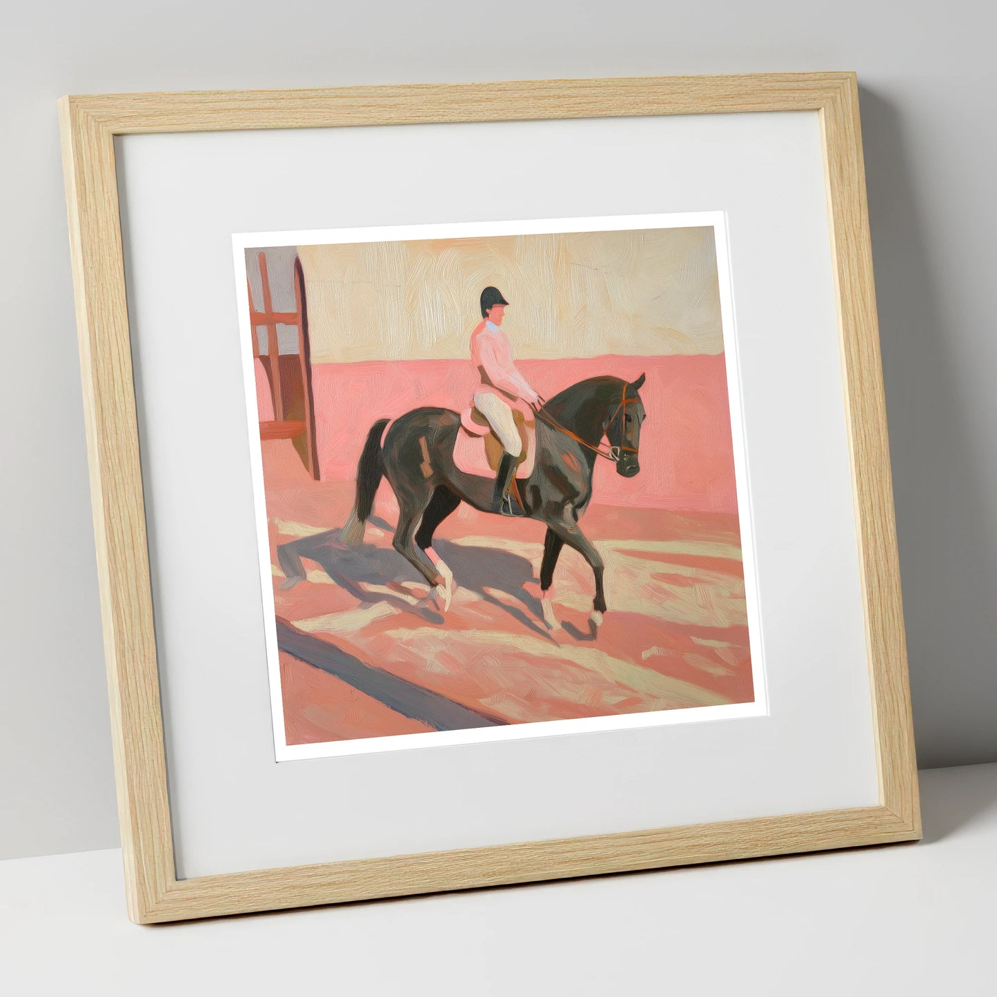 Dusty Pink Shadows dressage horse art print in natural frame