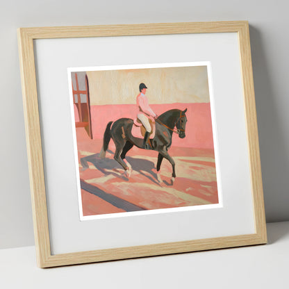 Dusty Pink Shadows dressage horse art print in natural frame