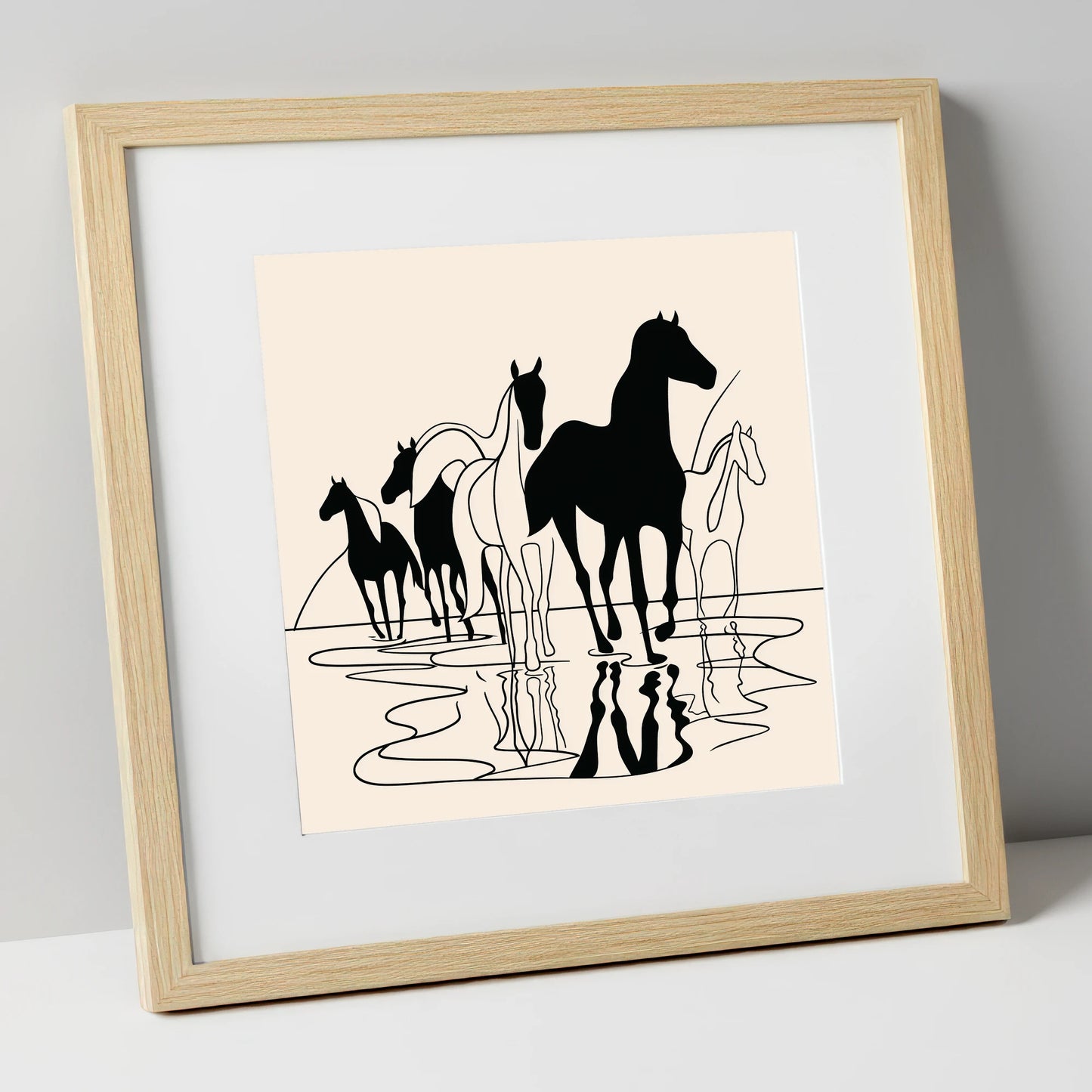 Ink Silhouettes at Water wild horses art print in natural frame