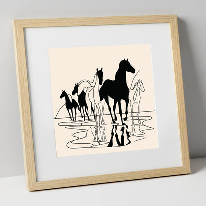 Ink Silhouettes at Water wild horses art print in natural frame