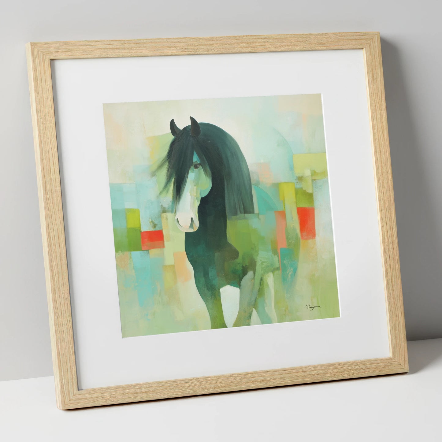 Geometric Equine Harmony horse breed art print in natural frame
