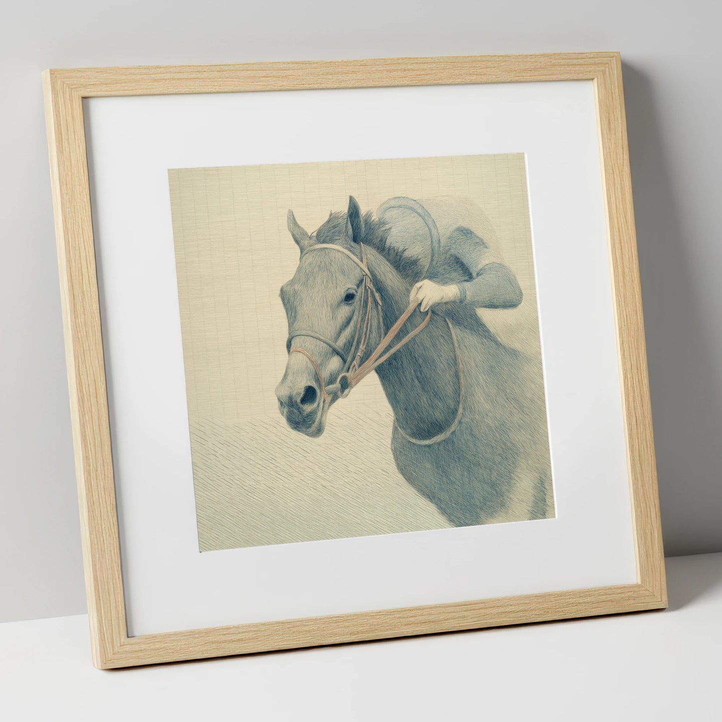 Quiet Precision racing horse art print in natural frame