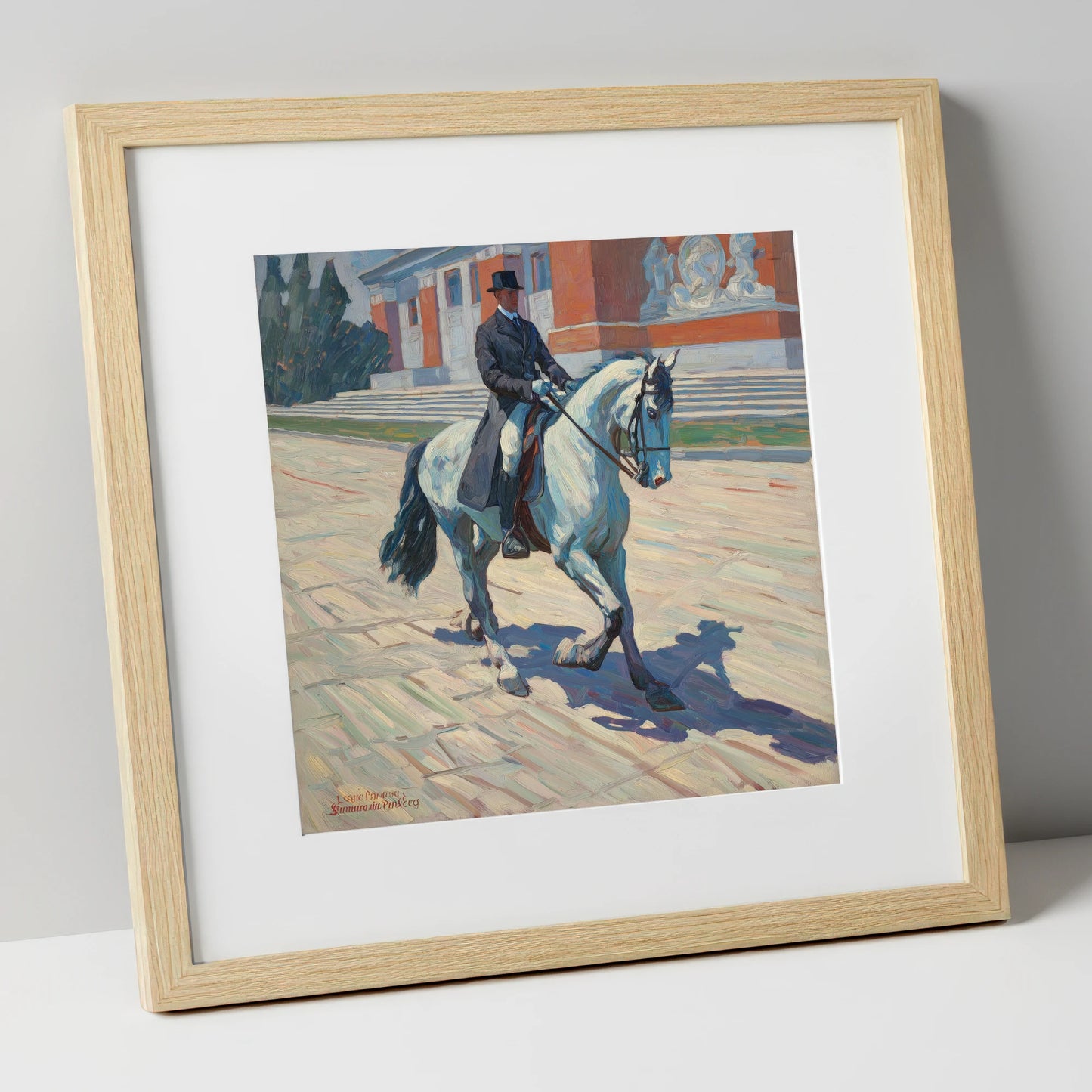 Sunlit Dressage Passage dressage horse art print in natural frame