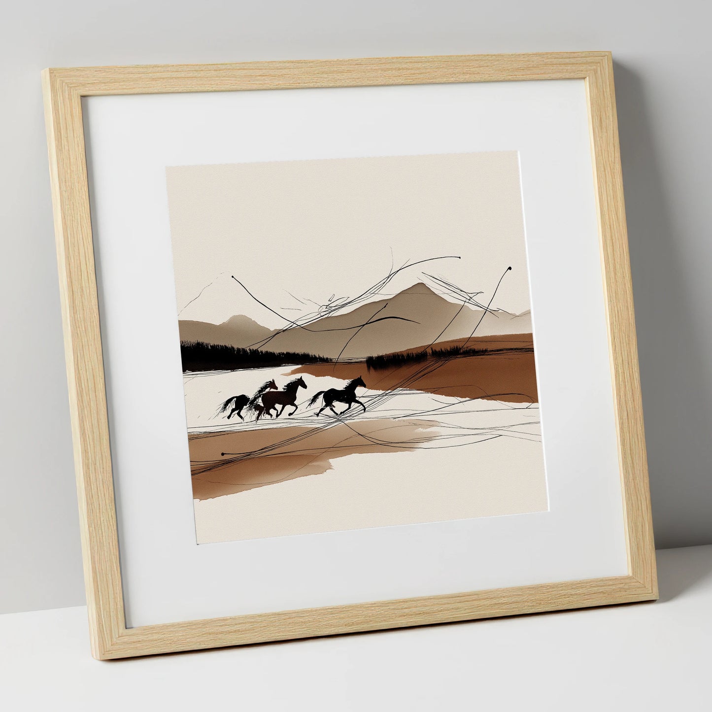 Sepia Horizon Herd wild horses art print in natural frame