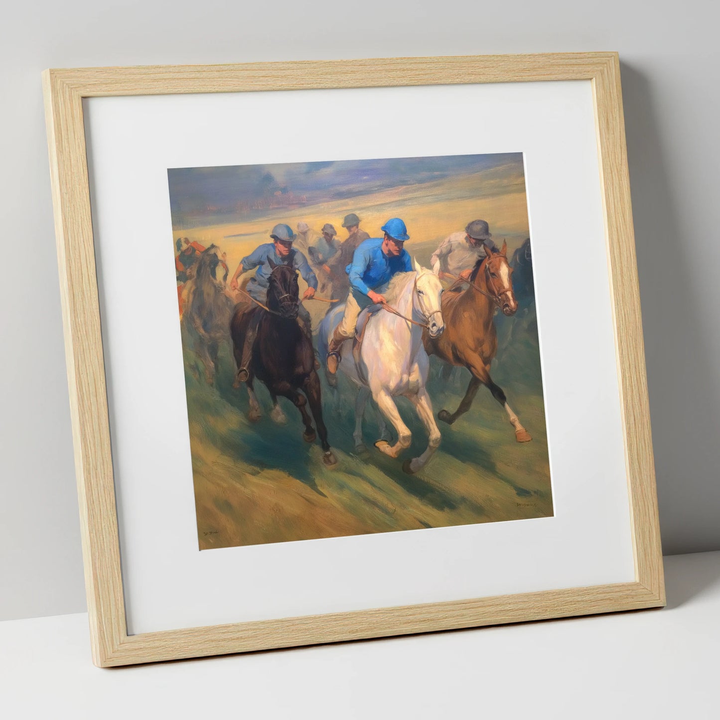 The Blue Silks racing horse art print in natural frame