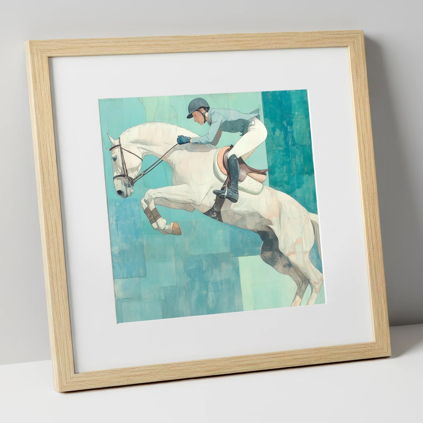 Airborne in Aquamarine show jumping horse art print in natural frame