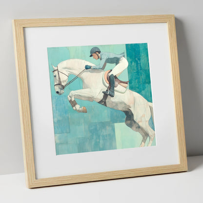 Airborne in Aquamarine show jumping horse art print in natural frame