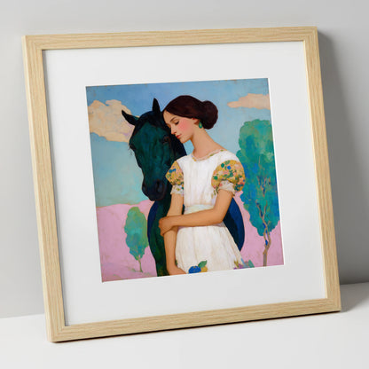 Quiet Colourful Bond horse & rider art print in natural frame