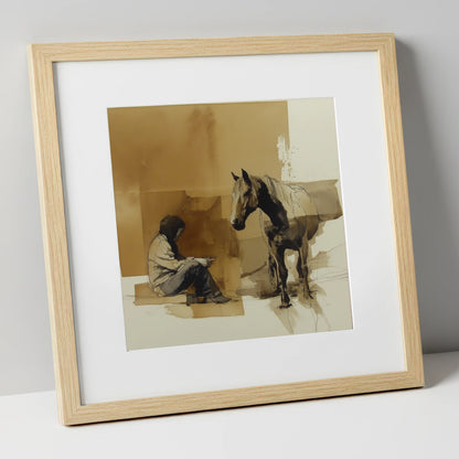 Shared Silence horse & rider art print in natural frame
