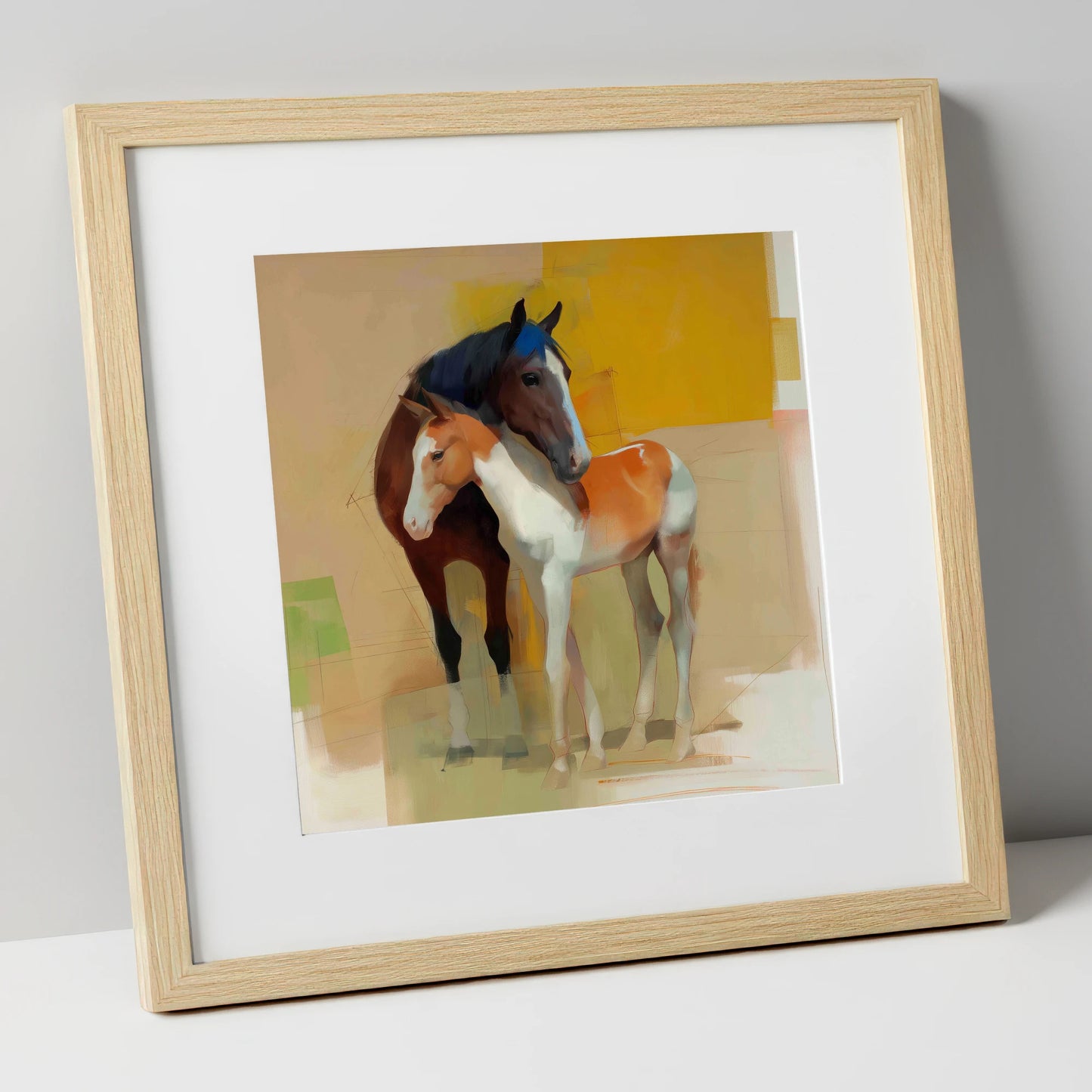Vivid Bond mare & foal art print in natural frame
