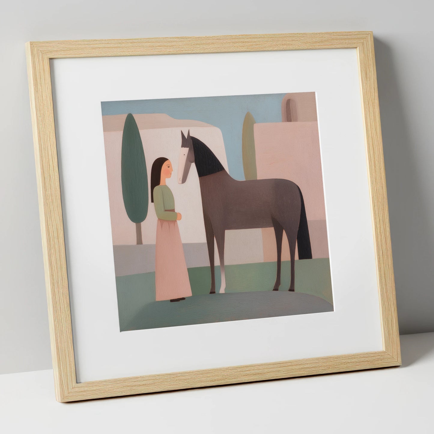 Timeless Connection horse & rider art print in natural frame