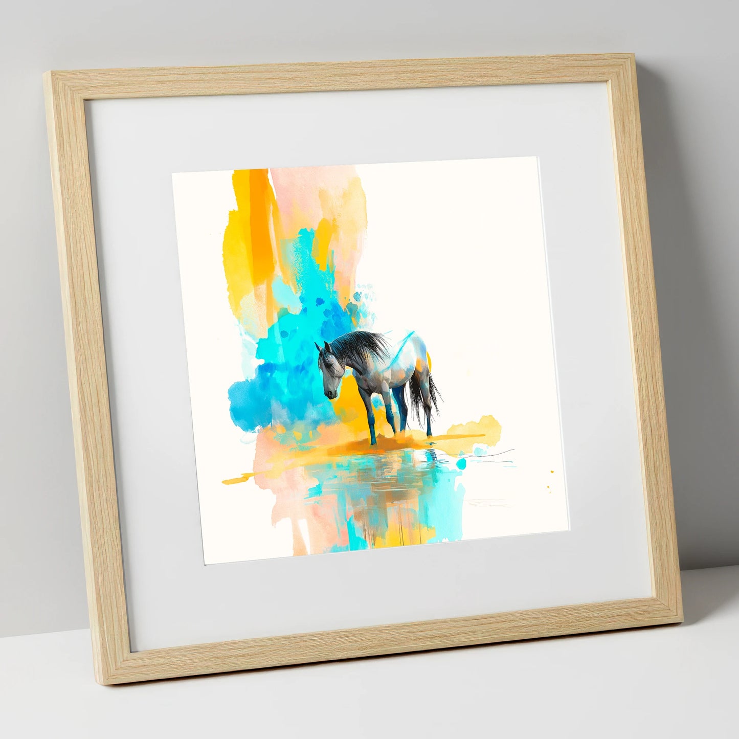 Vibrant Grey Reflection horse portrait art print in natural frame