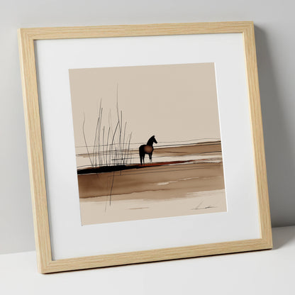 Marshland Solitude horse landscape art print in natural frame