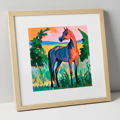 Vibrant Expressionist Arabian Horse horse breed art print in natural frame