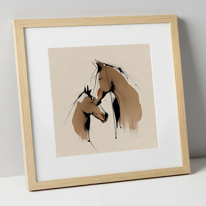 Tender Whispers mare & foal art print in natural frame