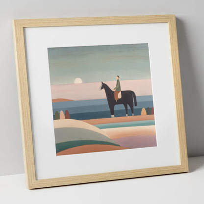 Tranquil Beach Hack beach horse art print in natural frame