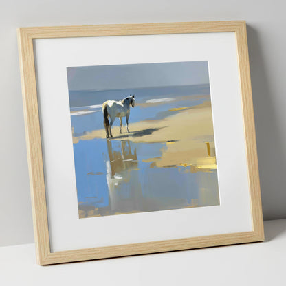 Shoreline Solitude horse landscape art print in natural frame
