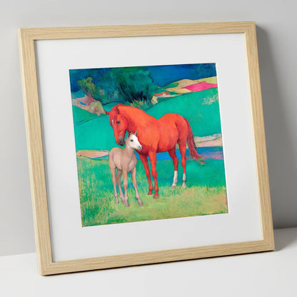 Vibrant Maternal Bond mare & foal art print in natural frame