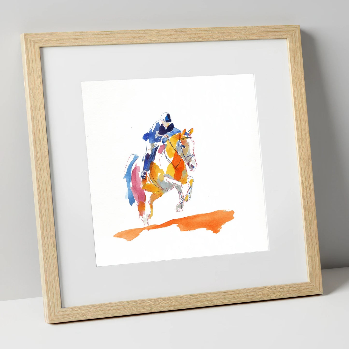 Flight In Colour show jumping horse art print in natural frame