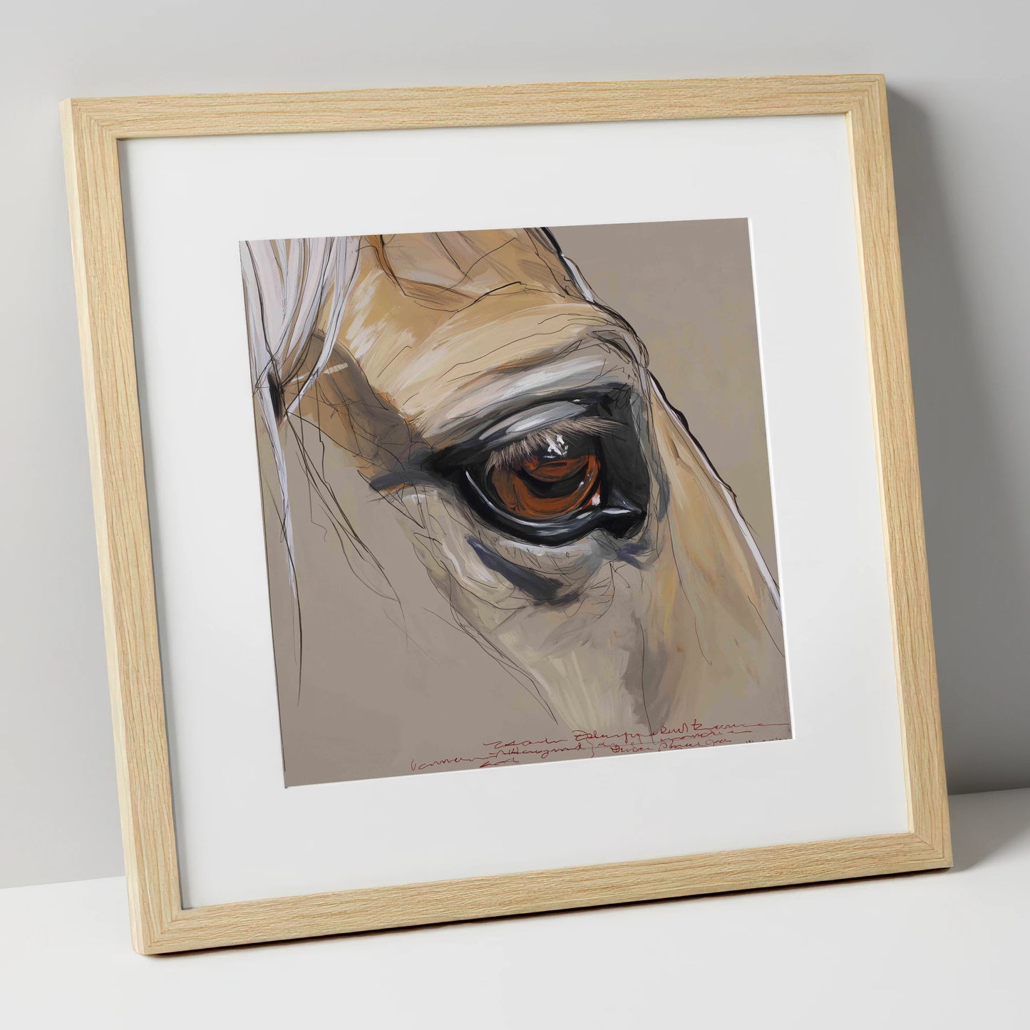 A Quiet Connection horse portrait art print in natural frame
