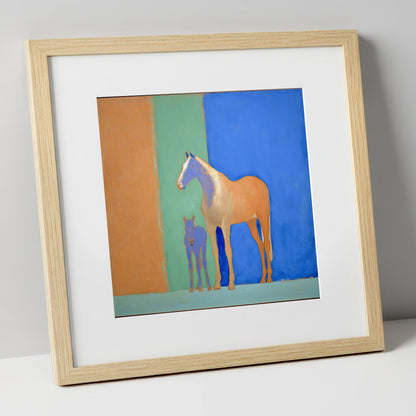 Cobalt and Sand mare & foal art print in natural frame