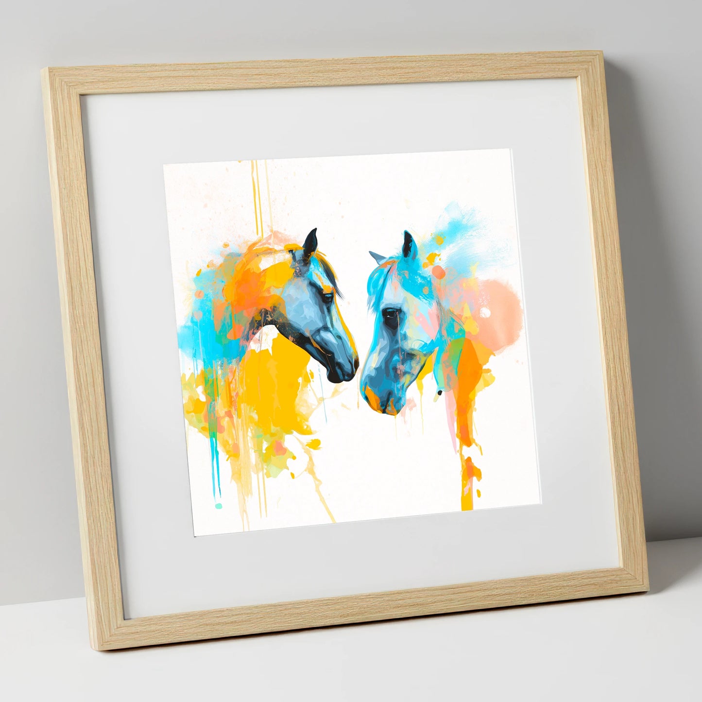 Spirited Bond horse portrait art print in natural frame
