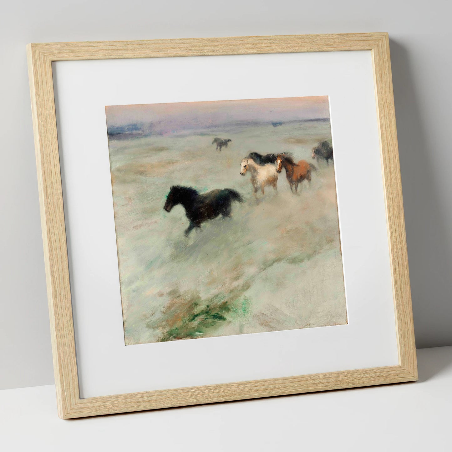 Through The Morning Mist wild horses art print in natural frame