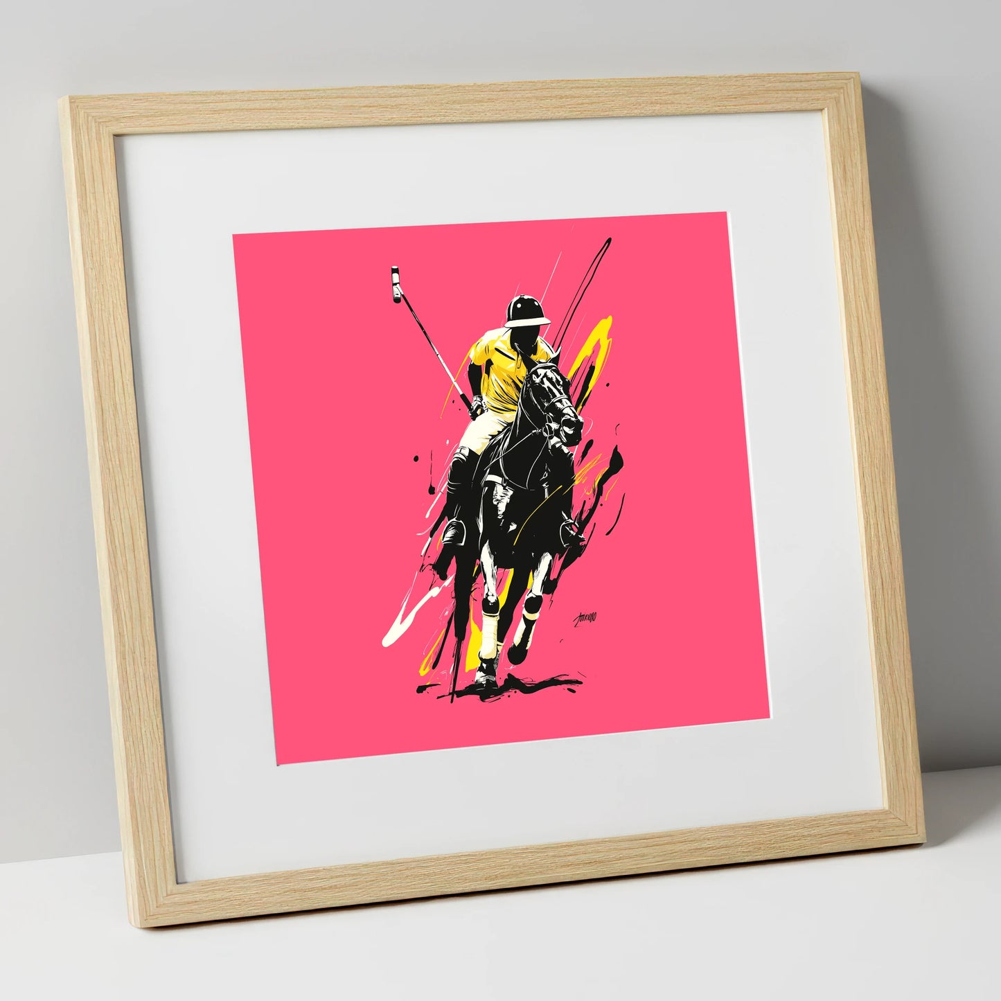 Velocity in Magenta polo horse art print in natural frame