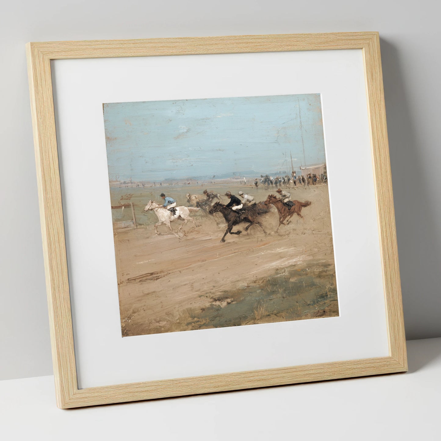 The Final Furlong racing horse art print in natural frame