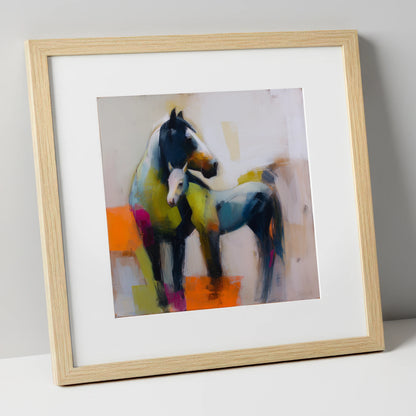 Vibrant Mare and Foal mare & foal art print in natural frame