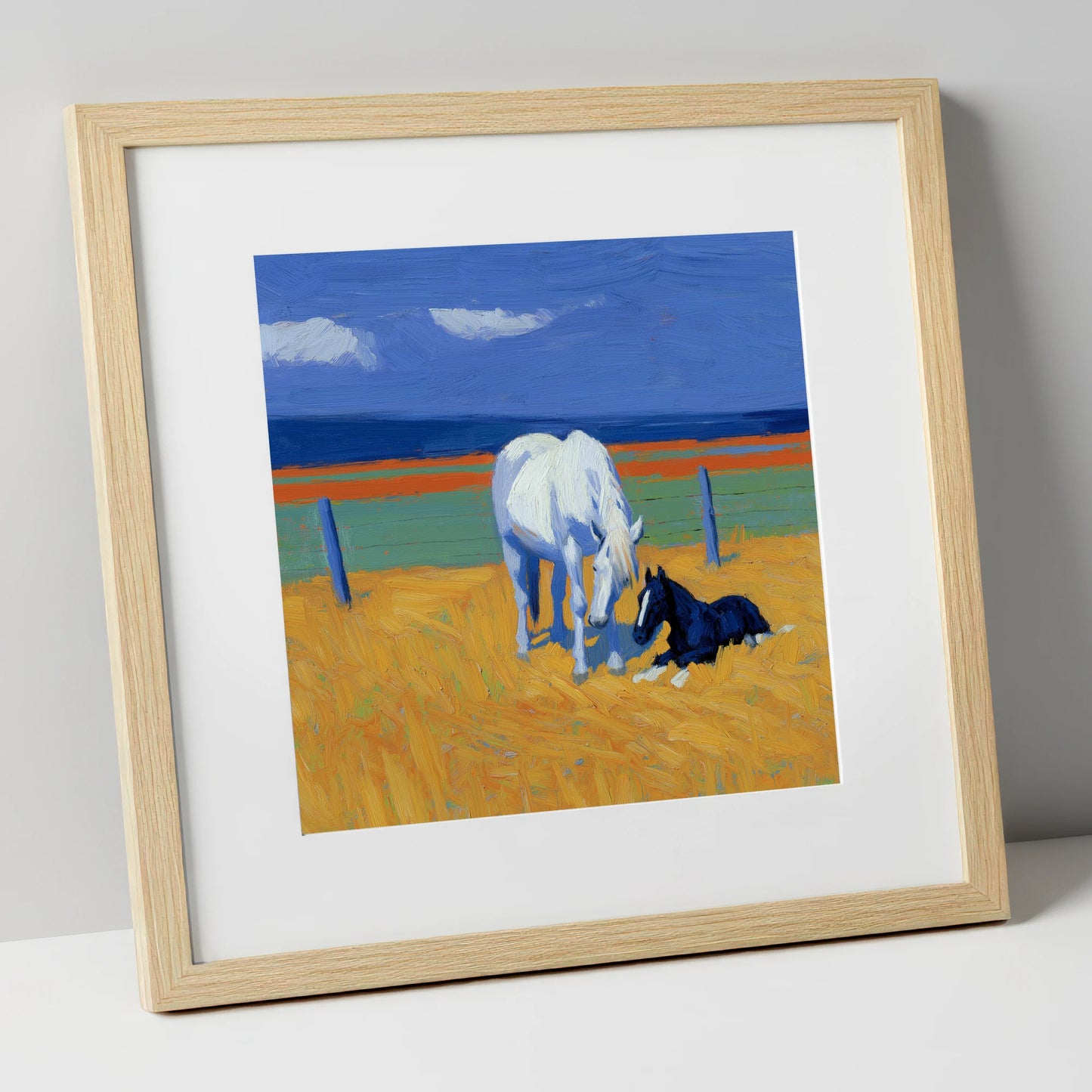 Sunlit Mare and Foal mare & foal art print in natural frame
