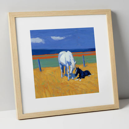 Sunlit Mare and Foal mare & foal art print in natural frame