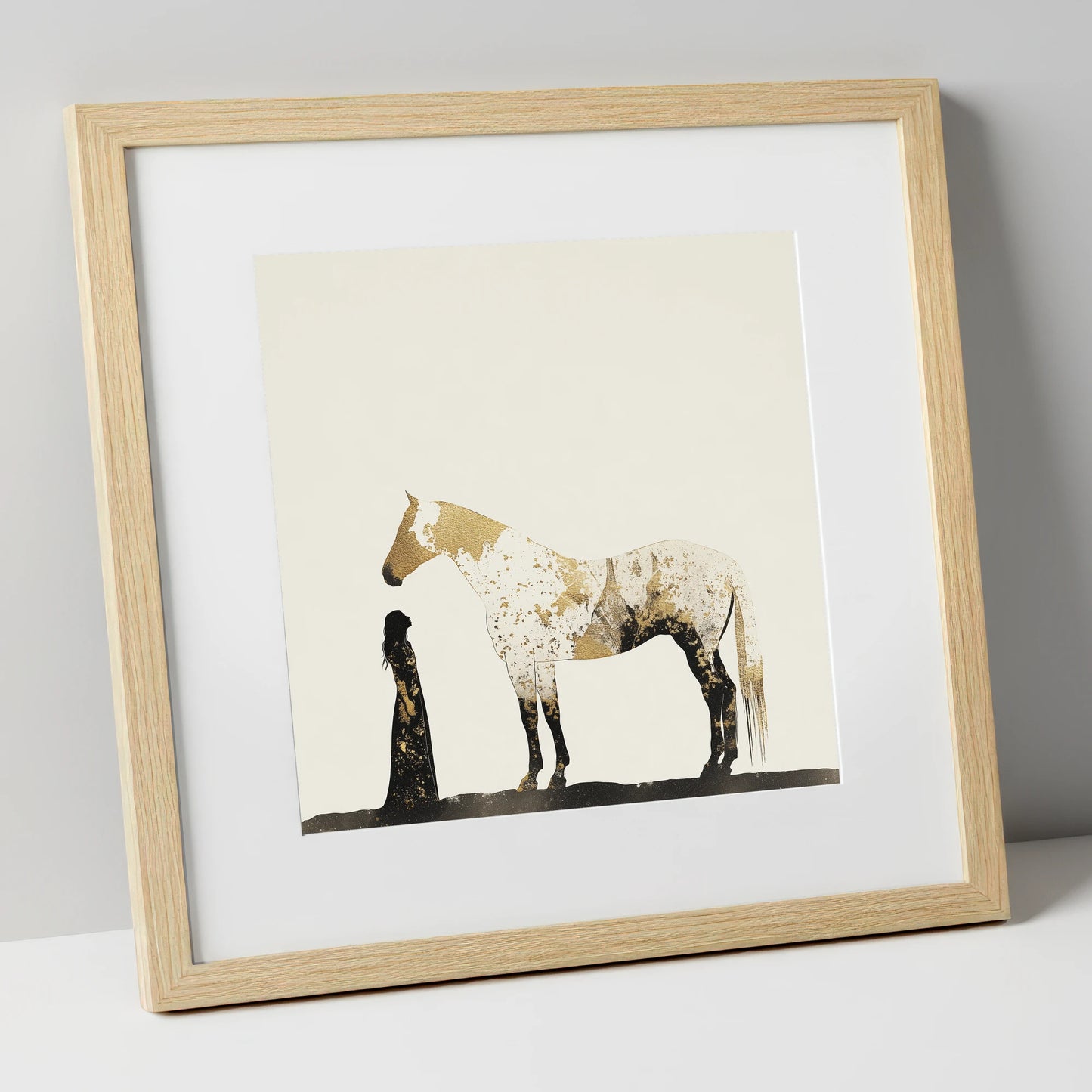 The Golden Bond horse & rider art print in natural frame
