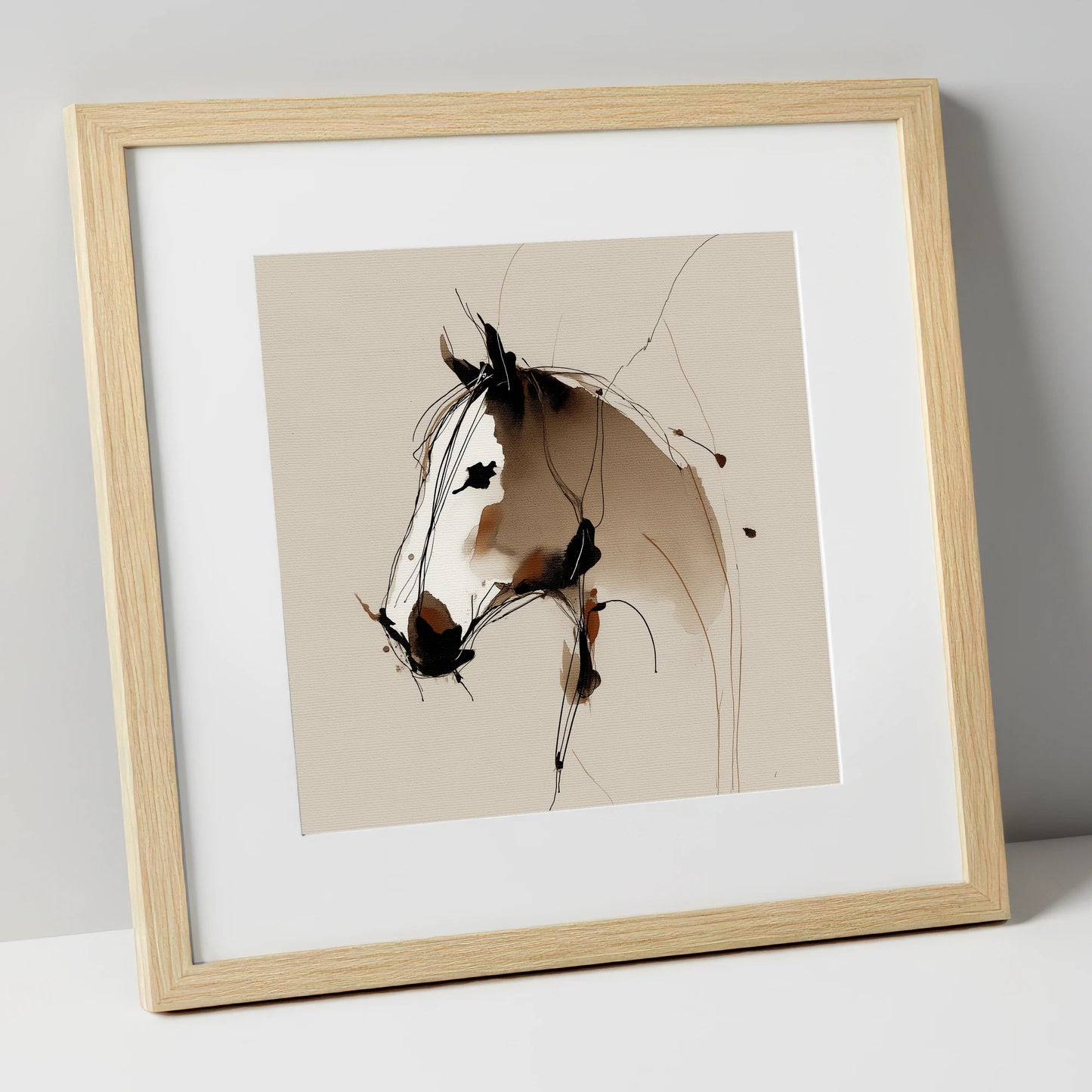 Sepia Equine Spirit horse portrait art print in natural frame