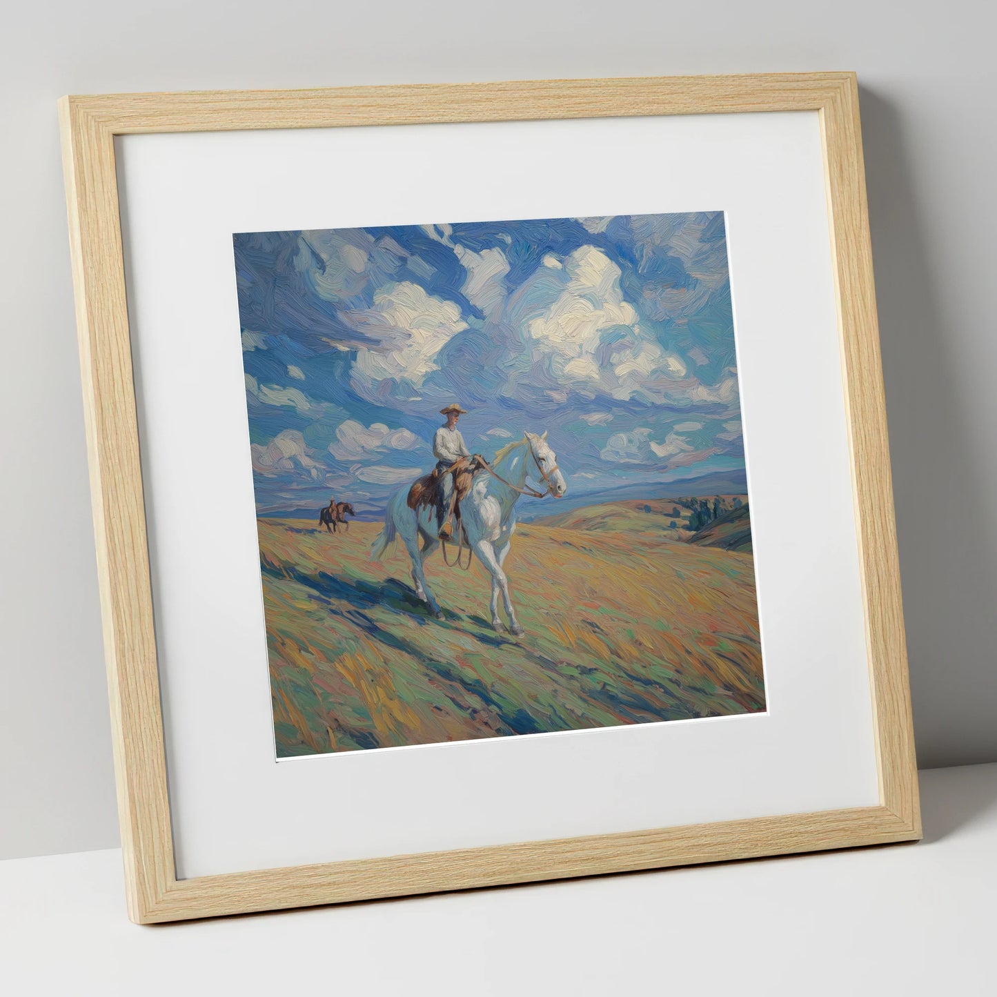 Under Western Skies western horse art print in natural frame