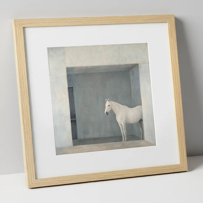 The Quiet Stall horse stable art print in natural frame