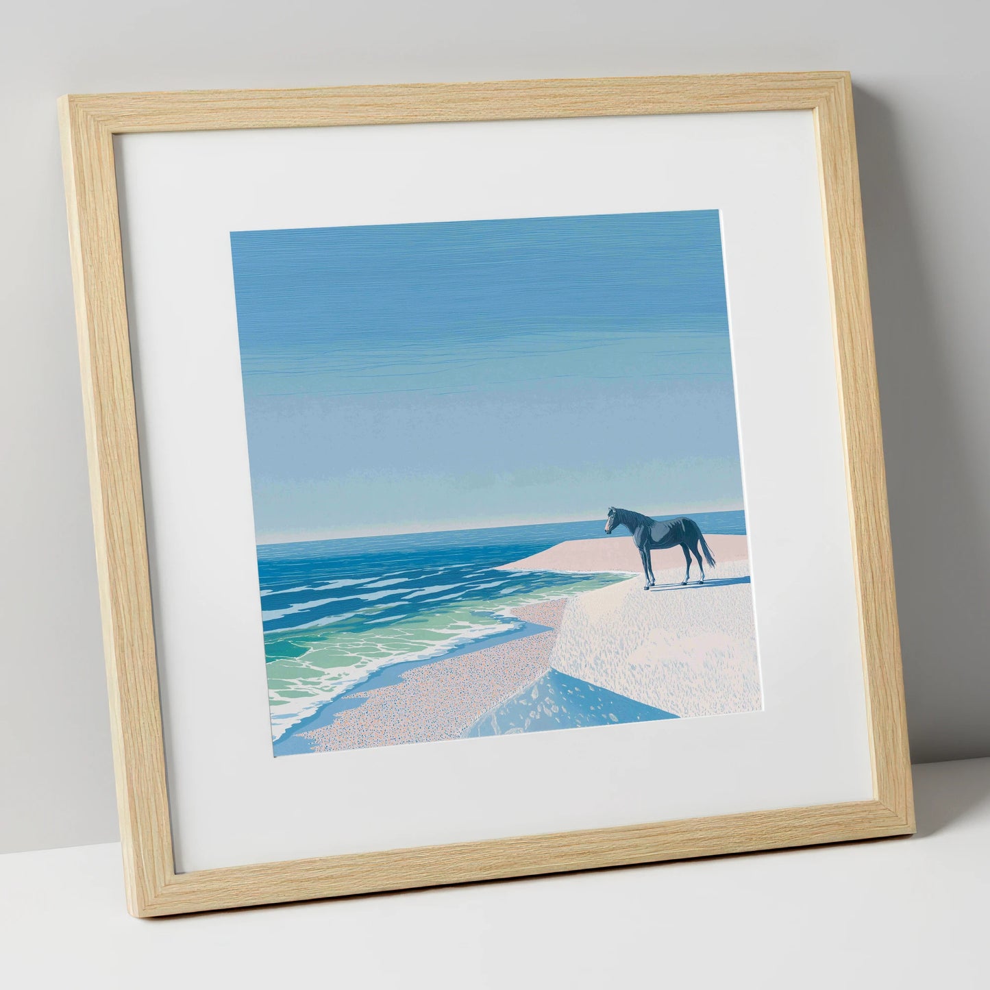 Coastal Solitude horse landscape art print in natural frame