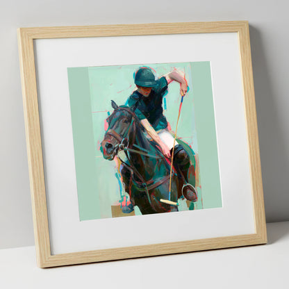 The Decisive Swing polo horse art print in natural frame