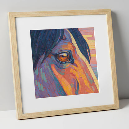 The Vivid Gaze horse portrait art print in natural frame