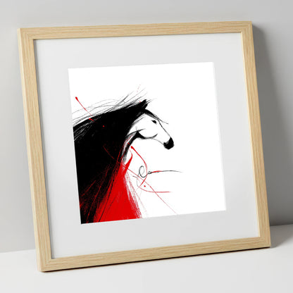Crimson Spirit Silhouette horse portrait art print in natural frame