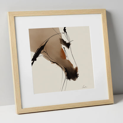 Abstract Sepia Profile horse portrait art print in natural frame