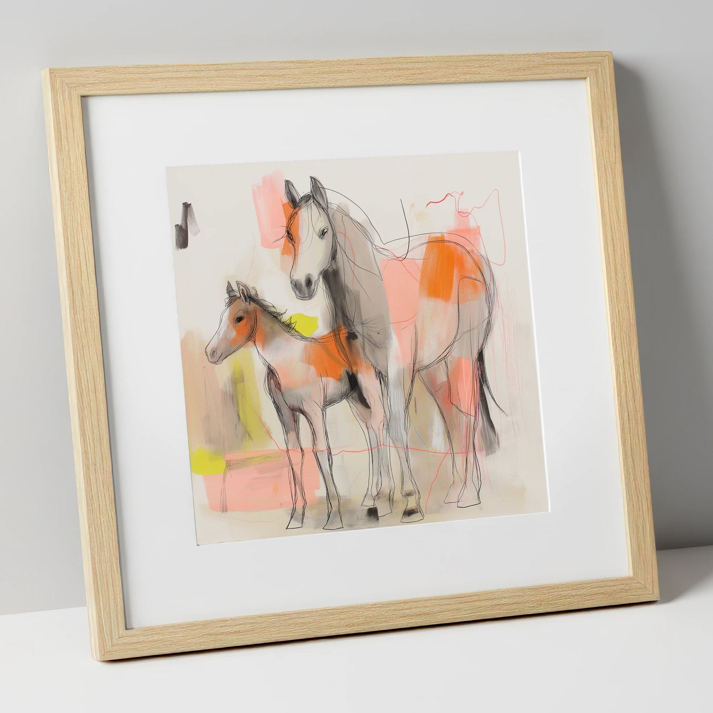 Contemporary Bond mare & foal art print in natural frame