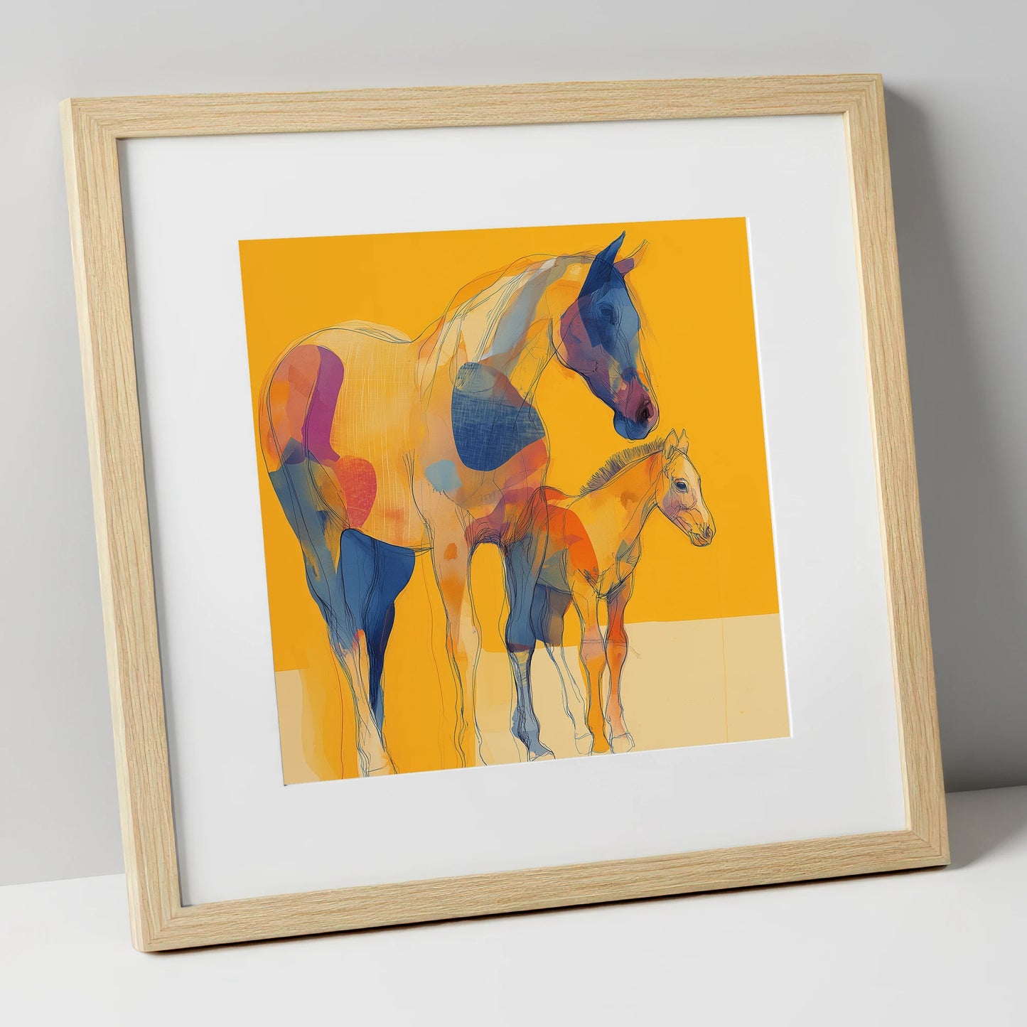Golden Horizon Connections mare & foal art print in natural frame