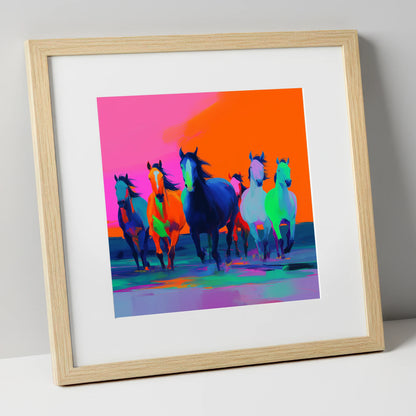 Technicolour Charge wild horses art print in natural frame