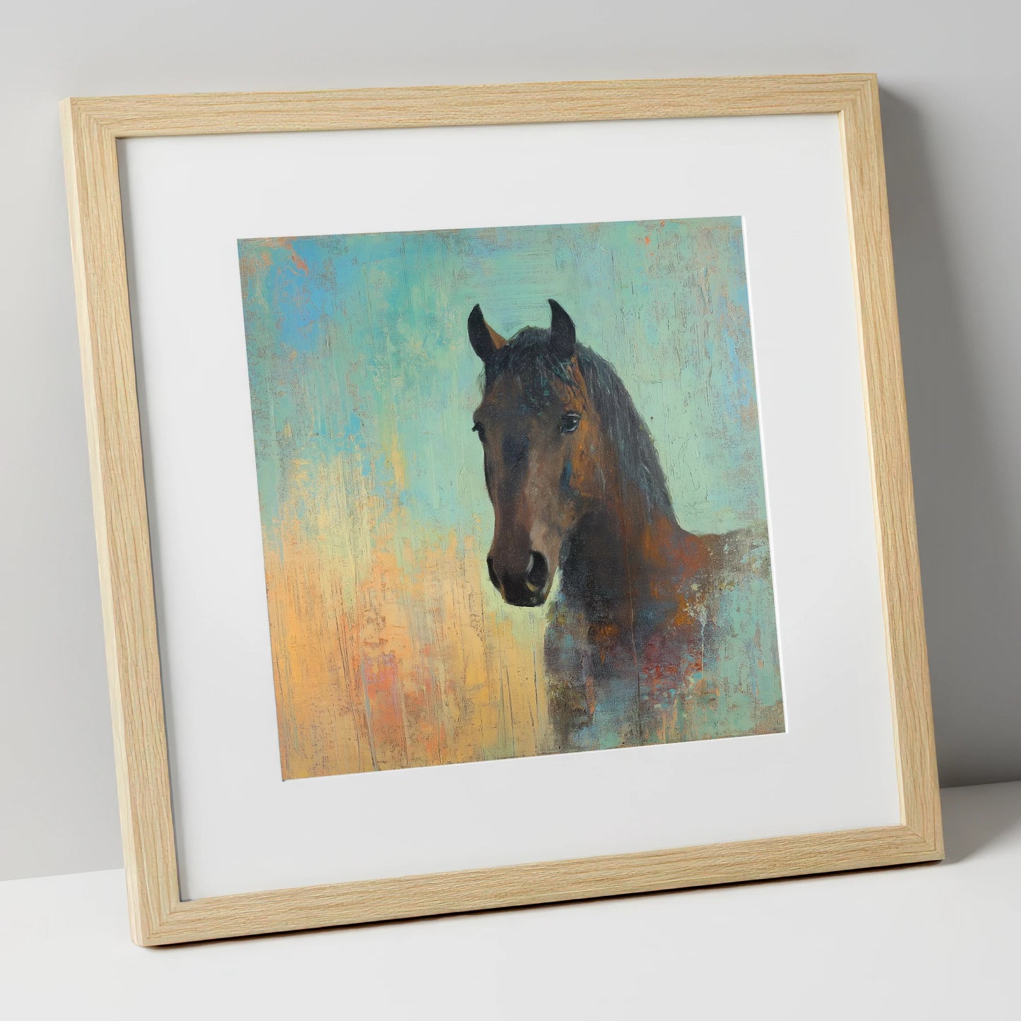 The Steadfast Bay horse portrait art print in natural frame