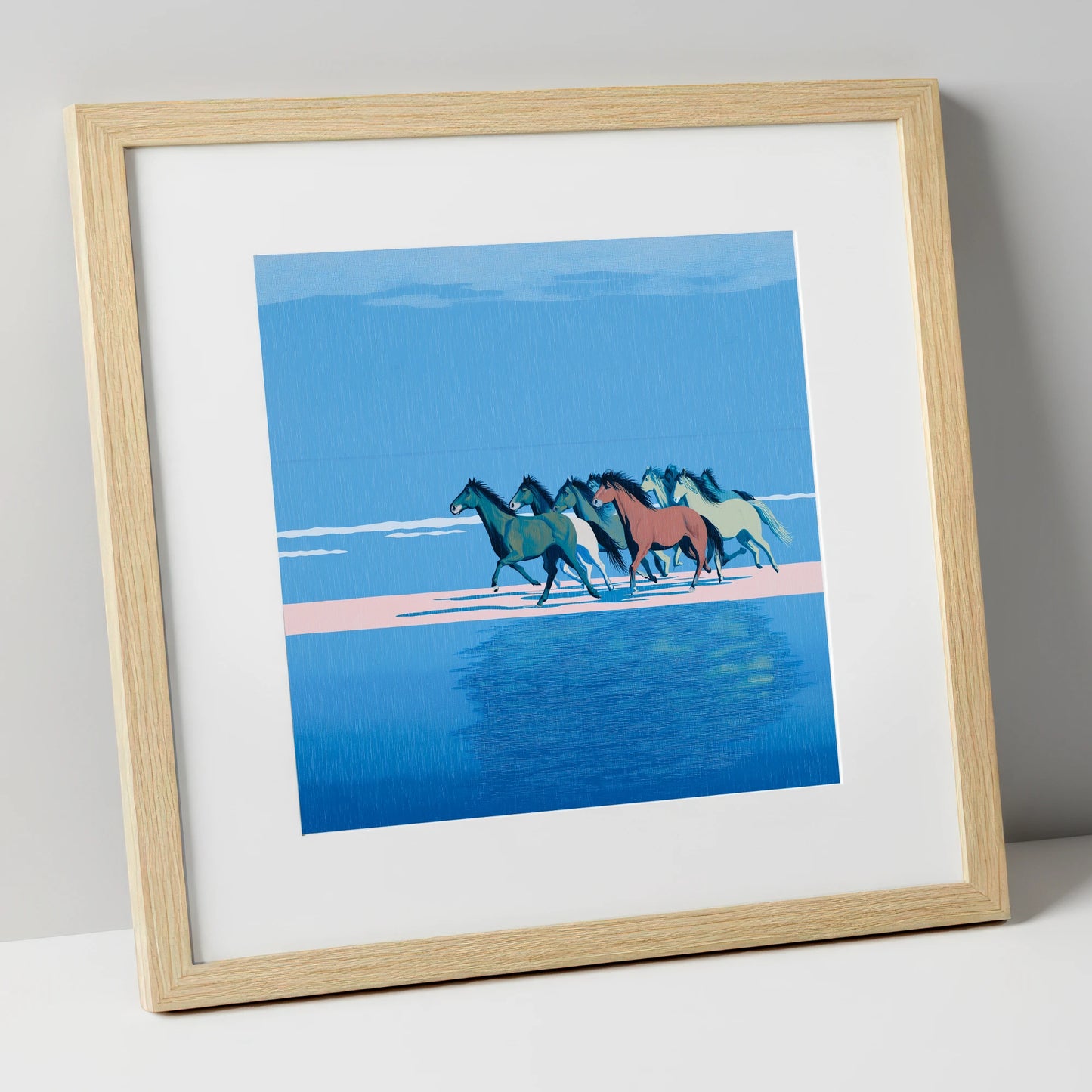 Coastal Canter wild horses art print in natural frame