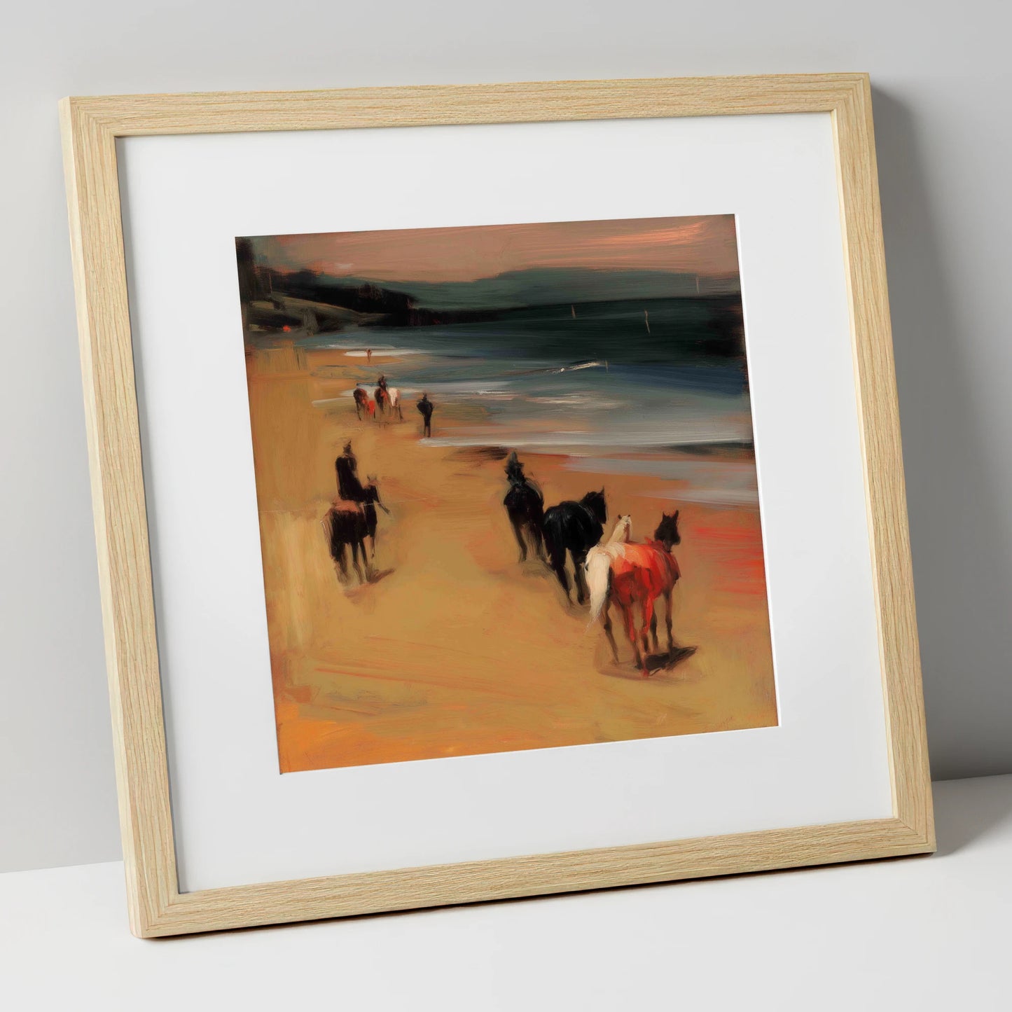 Twilight Coastal Hack horse landscape art print in natural frame